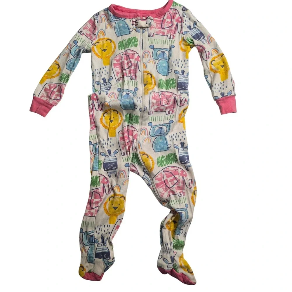 The Childrens Place Safari Animal Print Footed Sleeper Pajamas Pink Blue 6-9M